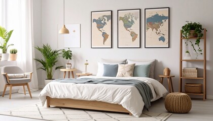 Serene Bedroom Interior Design with World Map Prints and Plants