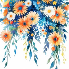 Vibrant watercolor bouquet with sunflowers, daisies, and small flowers in blue and orange tones, painted on a clean white background, bright and artistic floral composition.