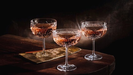 Glasses of champagne or prosecco placed on the bar counter in the hotel restaurant.
