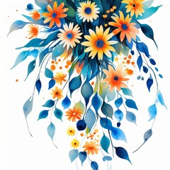 Vibrant watercolor bouquet with sunflowers, daisies, and small flowers in blue and orange tones, painted on a clean white background, bright and artistic floral composition.