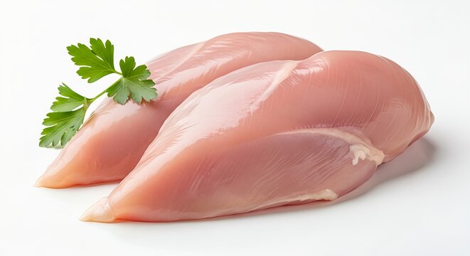 Two raw chicken breast fillets with fresh green parsley garnish on a white background