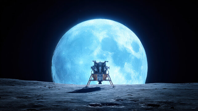 shot of moon lander silhouette against giant Earthrise backdrop minimalistic composition high contrast illustration concept scene visual for commercial design use high detail quality stock image