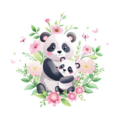 Watercolor illustration of a cute panda bear with its cub surrounded by flowers