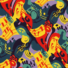 This dynamic and colorful abstract seamless pattern features an energetic arrangement of musical notes, clefs, and artistic shapes, perfect for creative backgrounds.