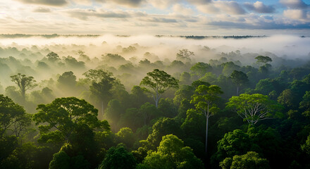 Aerial Panoramic Lush Green Amazon Rainforest Landscape Scenery in Morning Mist