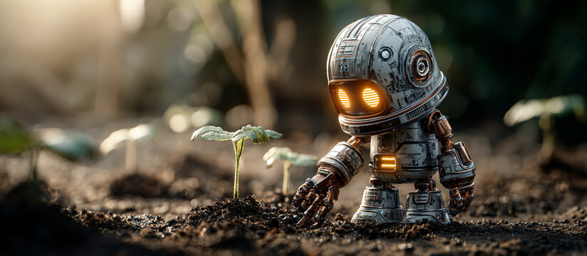Cute robot planting a small seedling in fertile soil with a soft focus background