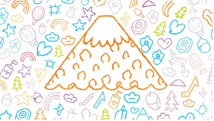 Illustration of a mountain with various doodle elements including stars rainbows and trees scattered around it