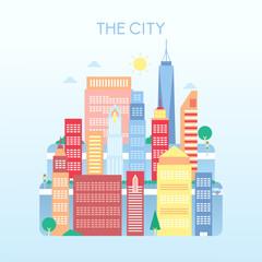 Fototapeta premium The City Vector Illustration in Flat Design Style with Colorful Skyscrapers, Buildings, Trees, Sun, and an Urban Skyline