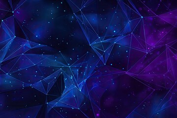 Abstract digital network graphic. Deep blues and purples, triangular mesh, glowing points, and subtle speckles create a futuristic, interconnected design