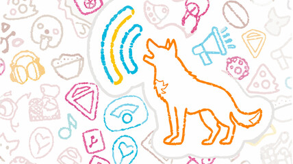 Illustration featuring a howling canine with sound waves and various doodle style icons scattered around it