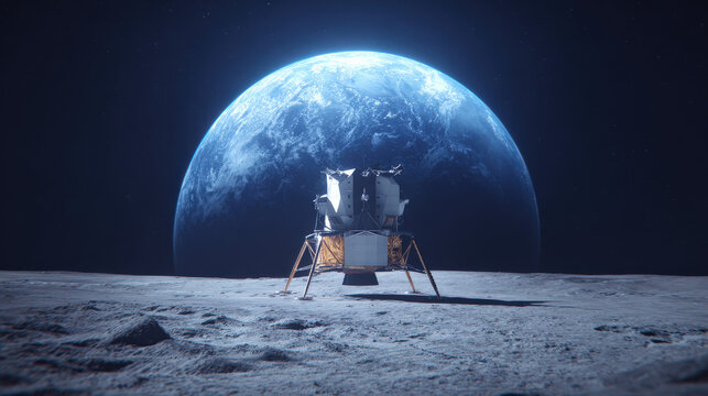 shot of moon lander silhouette against giant Earthrise backdrop minimalistic composition high contrast illustration concept scene visual for commercial design use high detail quality stock image