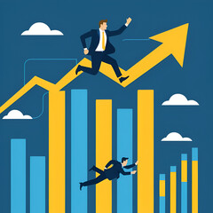 Flat illustration of a businessman outperforming his competition jumping over with a bar chart. Beautiful flat illustration with blue and yellow colors. Business and finance concepts.