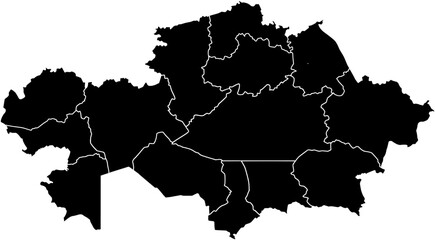 A professional and minimalist map of Kazakhstan showing all regional borders in a clean, solid black color. Ideal for sleek presentations, business reports, or geographical data visualizations.

