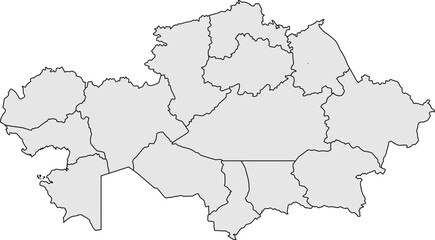 A clean, minimalist, and blank outline map of Kazakhstan with all regional borders in a professional grayscale color. Ideal for business reports or geographical data visualizations.

