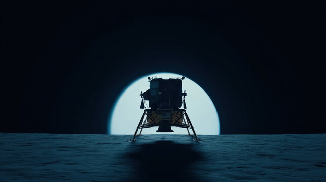 shot of moon lander silhouette against giant Earthrise backdrop minimalistic composition high contrast illustration concept scene visual for commercial design use high detail quality stock image