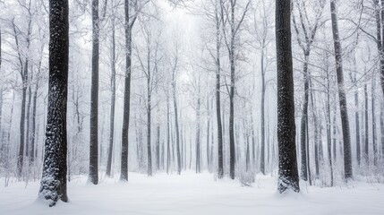 A tranquil winter forest blanketed in snow, featuring tall trees and a serene, ethereal atmosphere.