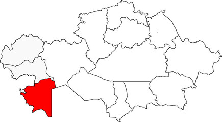 Naklejka premium A detailed map of Kazakhstan highlighting the Mangystau Region. Ideal for showcasing the country's oil and gas reserves, coastal geography along the Caspian Sea, or business-related content.