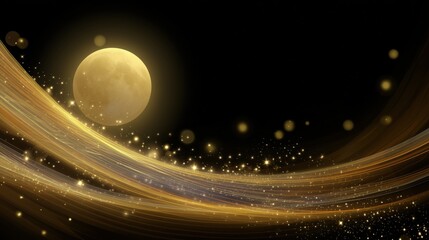 Golden Moon with Sparkling Light Trails on Black Background