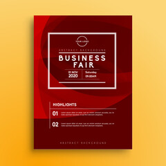 Business Fair Vector Flyer or Poster Design Template with Abstract Red Swirl Shapes, White Frame, and Modern Corporate Layout