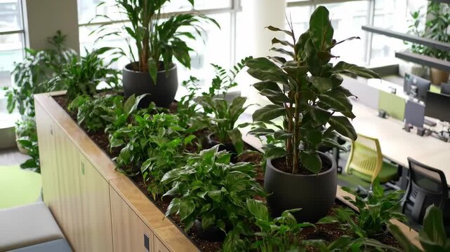 Lush indoor plants, including tropical greenery, growing in pots on wooden divider in a modern office with natural light, enhancing a healthy, green workspace.