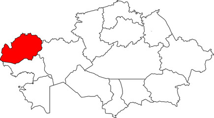 A detailed map of Kazakhstan highlighting the West Kazakhstan Region. Ideal for showcasing the country's economic and industrial potential, cross-border trade with Russia, and geographical studies.

