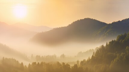 Obraz premium Serene Sunrise Over Misty Mountains and Lush Green Forests