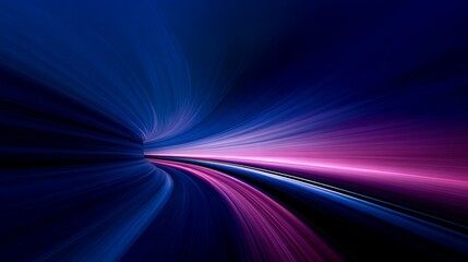 Abstract background with glowing lines and lights in dark blue and pink gradient, futuristic 3D render with depth and motion blur, cinematic modern design for technology and digital innovation.