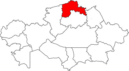 Obraz premium A detailed map of Kazakhstan highlighting the North Kazakhstan Region (Soltüstik Qazaqstan Oblysy). Perfect for showcasing the country's agricultural heartland, business reports, or cross-border studi