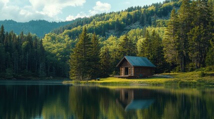 Fototapeta premium A serene cabin by a tranquil lake, surrounded by lush greenery and mountains under a partly cloudy sky.