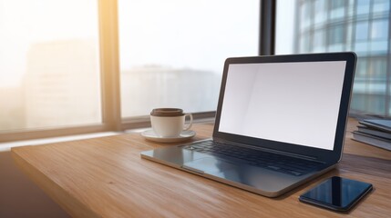 Modern Workspace with Laptop, Coffee, and Smartphone by Window