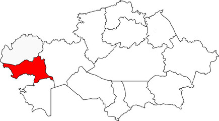 A detailed map of Kazakhstan highlighting the Atyrau Region. Ideal for showcasing the country's oil and gas industry, economic data, or geographical studies of the Caspian Sea coastline.

