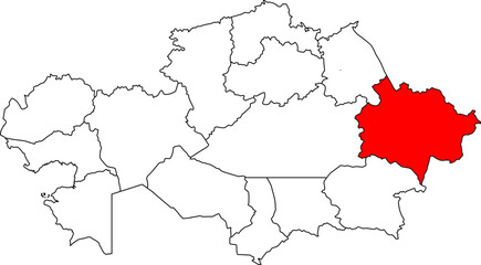 A detailed map of Kazakhstan highlighting the East Kazakhstan Region. Perfect for showcasing the country's natural landscapes, regional business, or historical studies.

