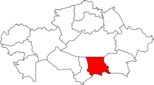 A detailed map of Kazakhstan highlighting the Jambyl Region (Zhambyl Oblysy). Perfect for agricultural reports, regional tourism, or historical-related content.

