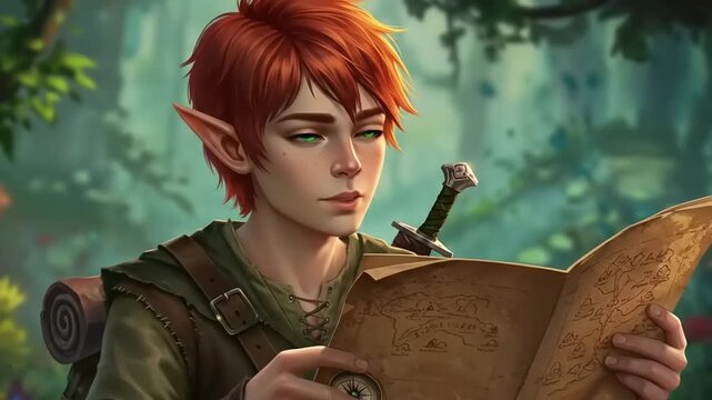 Young elf studying a map in a magical forest