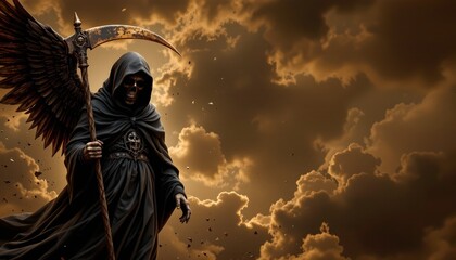 An ethereal scene with a prominent figure in a dark robe and hood, reminiscent of a cloaked skeleton, holding what appears to be a scythe like weapon