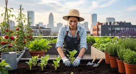 Woman Planting in Vibrant Rooftop Urban Garden Against City Skyline, Cultivating Fresh Produce for Sustainable Living and Green City Initiative