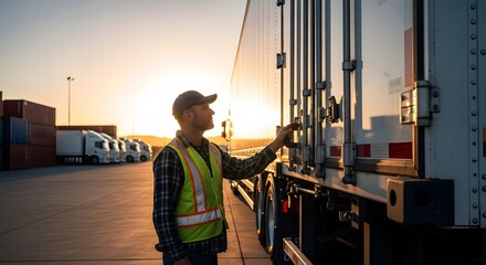 Diligent Truck Driver Inspecting Semi-Trailer Doors at Golden Hour Logistics Depot
