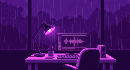 Pixelated violet office workspace during a rain shower creating a serene digital ambiance