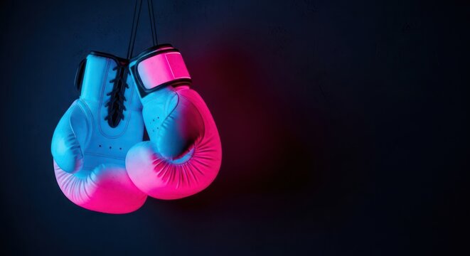 Neon boxing gloves, vibrant contrasting colors, strength and determination concept