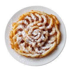Funnel cake on a white plate, top view with [Transparent Background PNG].