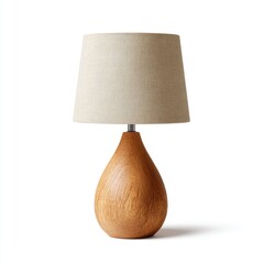 Beige fabric lampshade, wooden base, pear shape
