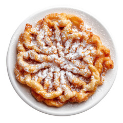 Funnel cake on a white plate, top view with [Transparent Background PNG].