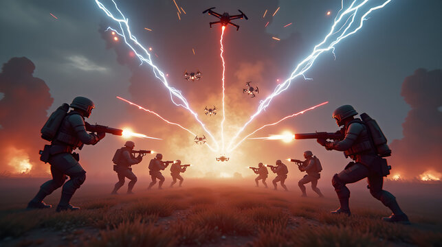 Futuristic Soldiers and Drones Battle with Lightning
 - Powered by Adobe