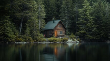 Obraz premium A serene cabin nestled among lush trees by a tranquil lake, reflecting the beauty of nature in a peaceful setting.