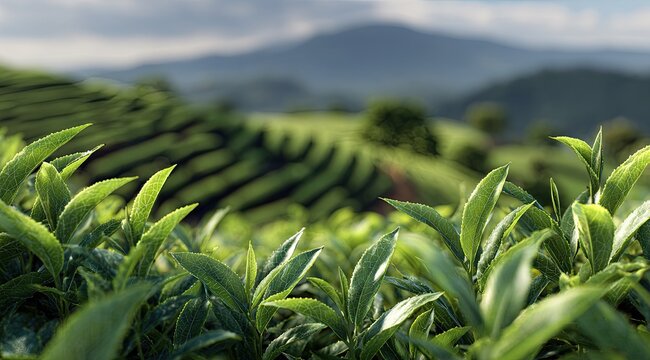 Lush green tea leaves fill the foreground of a tea plantation, terraced hillsides stretching into a misty mountain range in the background