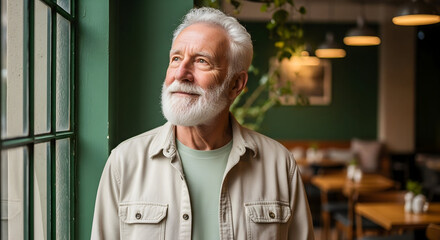 Happy senior man with white hair and beard looking out window in cozy cafe or home setting enjoying peaceful moment and bright natural light