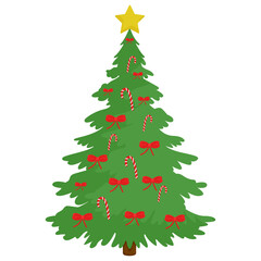 A festive Christmas illustration of a green tree adorned with red bows, candy canes, and a gold...