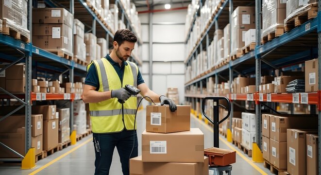 Dedicated warehouse employee in safety vest meticulously scanning cardboard boxes with a barcode reader for efficient inventory management and ship...