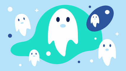 Minimal flat vector illustration of cute white ghosts floating on abstract colorful background with stars and bubbles. Playful Halloween design in pastel turquoise and blue tones