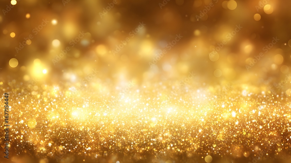 Poster a shimmering golden background with sparkling lights and bokeh effects